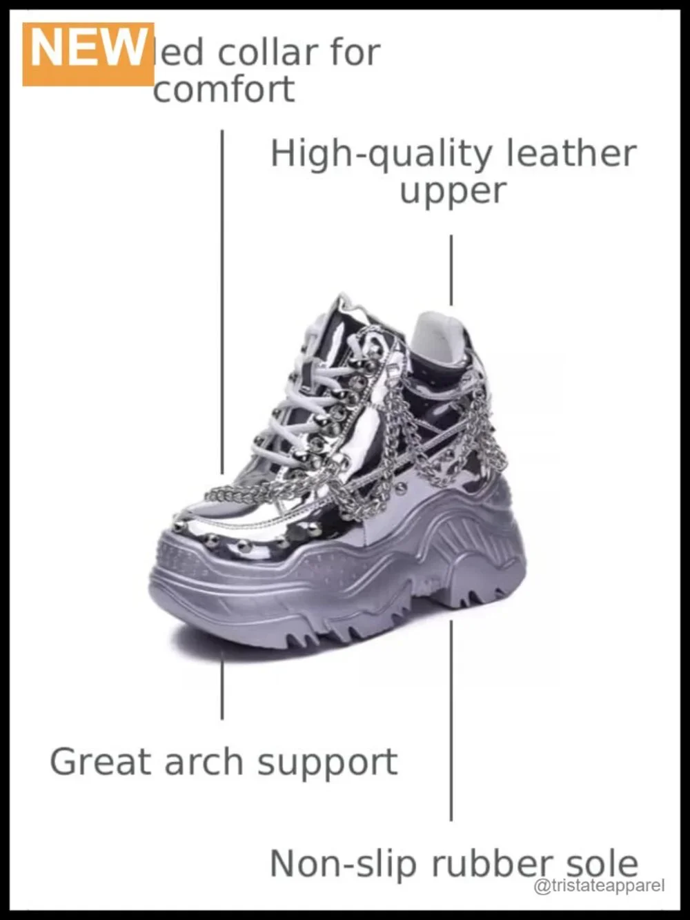 Genuine Leather Platform Sneakers Hidden Heel Chain Rivet Lace Up Women